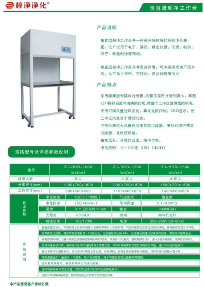 洁净工作台规格尺寸及技术参数